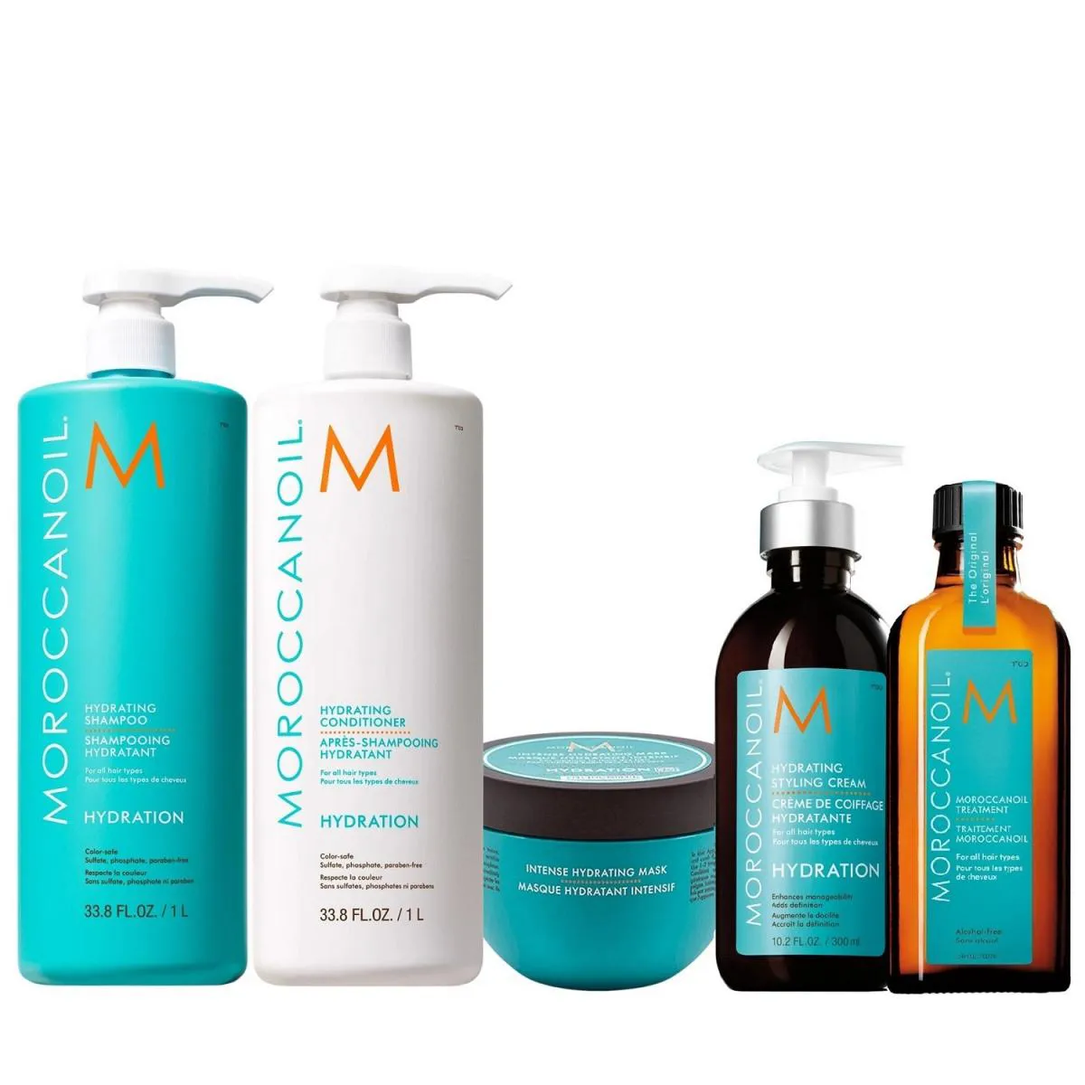 KIT MOROCCANOIL HYDRATION - SHAMPOO 1L + CONDICIONADOR 1L + STYLING CREAM 300ML + INTENSE HYDRATING MASK 250G + ÓLEO 100