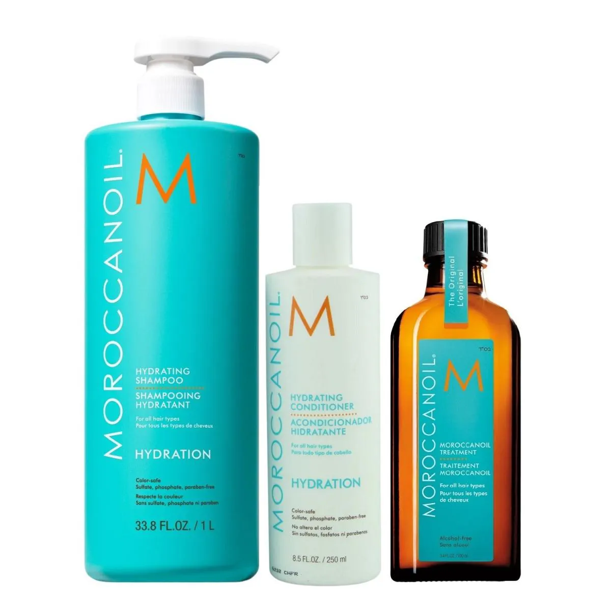KIT MOROCCANOIL HYDRATION - SHAMPOO 1L + CONDICIONADOR 250ML + ÓLEO 100ML