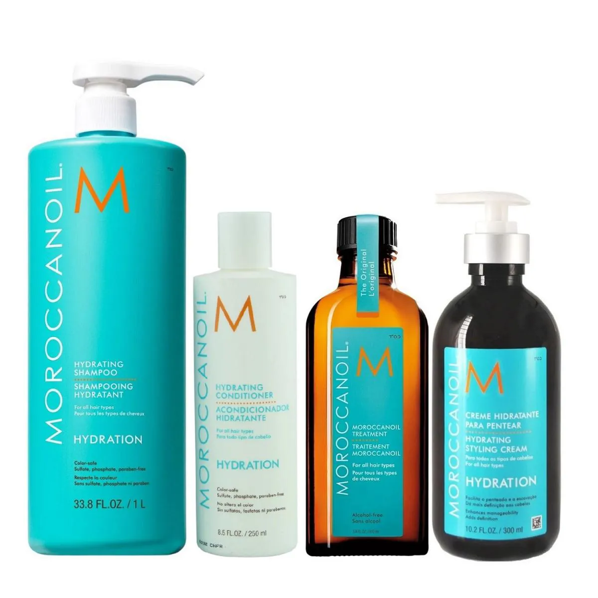 KIT MOROCCANOIL HYDRATION - SHAMPOO 1L + CONDICIONADOR 250ML + STYLING CREAM 300ML + ÓLEO 100ML