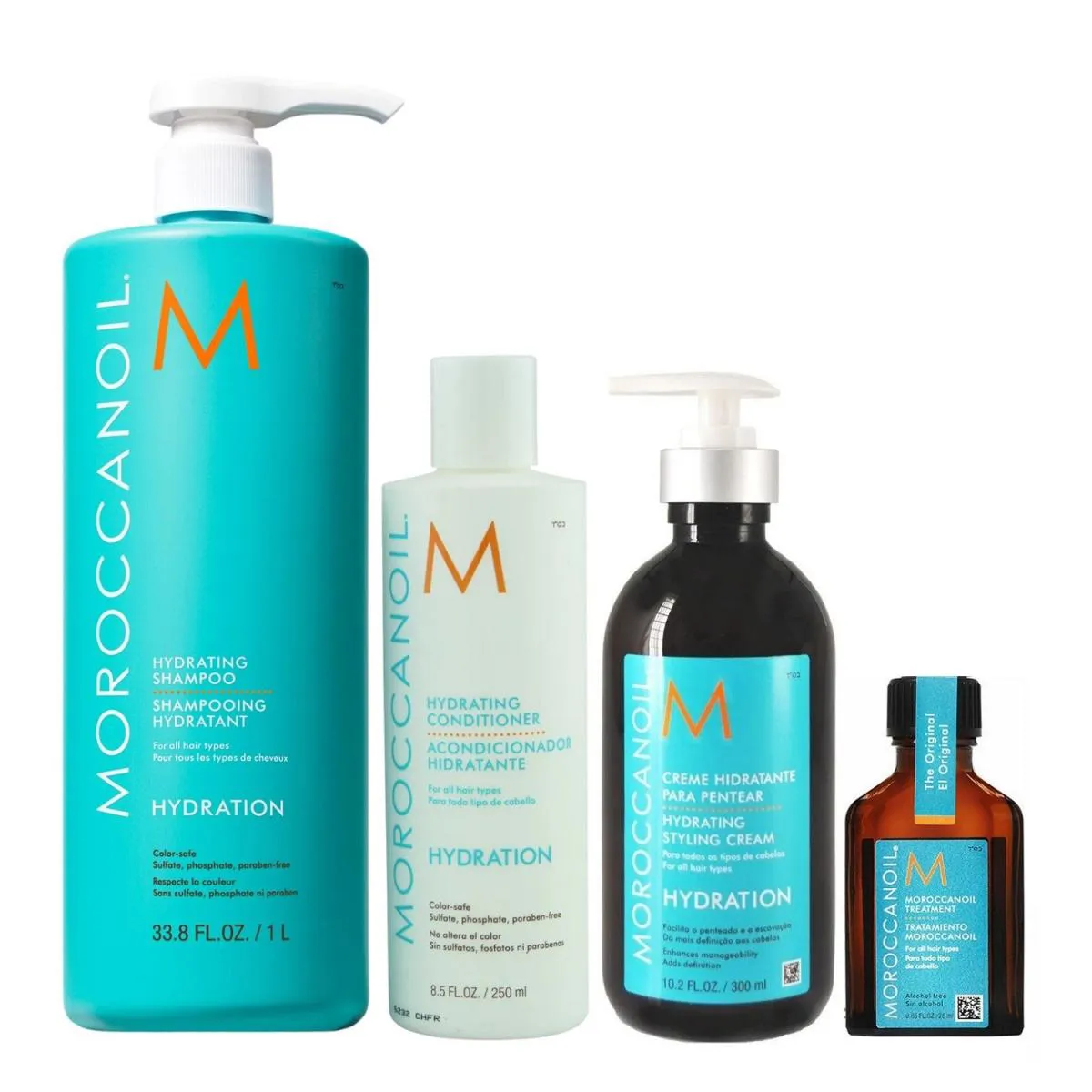 KIT MOROCCANOIL HYDRATION - SHAMPOO 1L + CONDICIONADOR 250ML + STYLING CREAM 300ML + ÓLEO 25ML