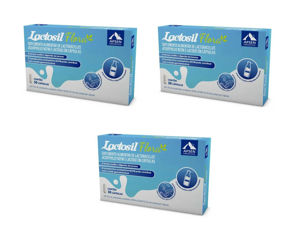 KIT 3 SUPLEMENTO LACTOSIL FLORA LACTASE 10000FCC 30CPS