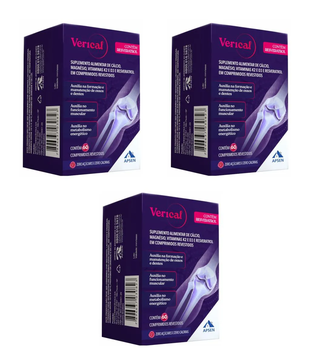 KIT 3 VERICAL CáLCIO RESVERATROL MAGNéSIO VIT K E D  60CP