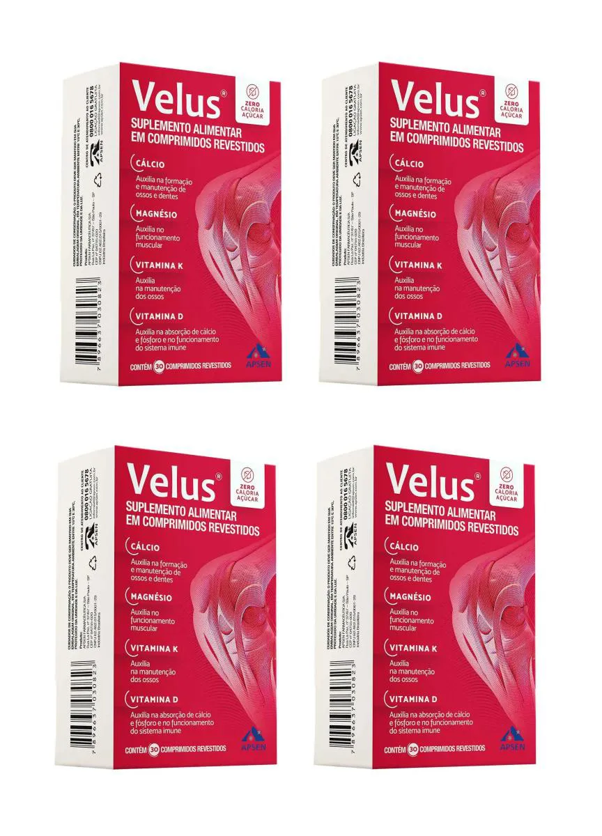 KIT 4 SUPLEMENTO APSEN VELUS CáLCIO MAGNéSIO VITAMINA D 30CP