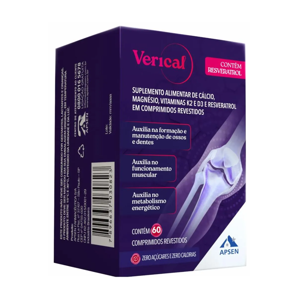 VERICAL CáLCIO RESVERATROL MAGNéSIO VIT K E D APSEN 60CP