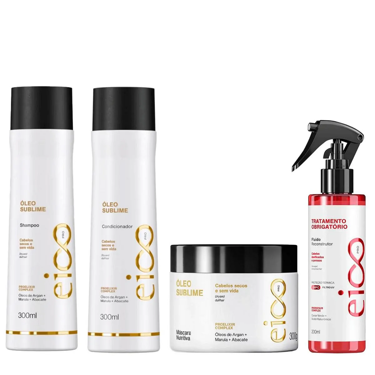 KIT EICO ÓLEO SUBLIME - SHAMPOO 300ML + CONDICIONADOR 300ML + MáSCARA 300G+ FLUIDO TRATAMENTO OBRIGATóRIO 200ML