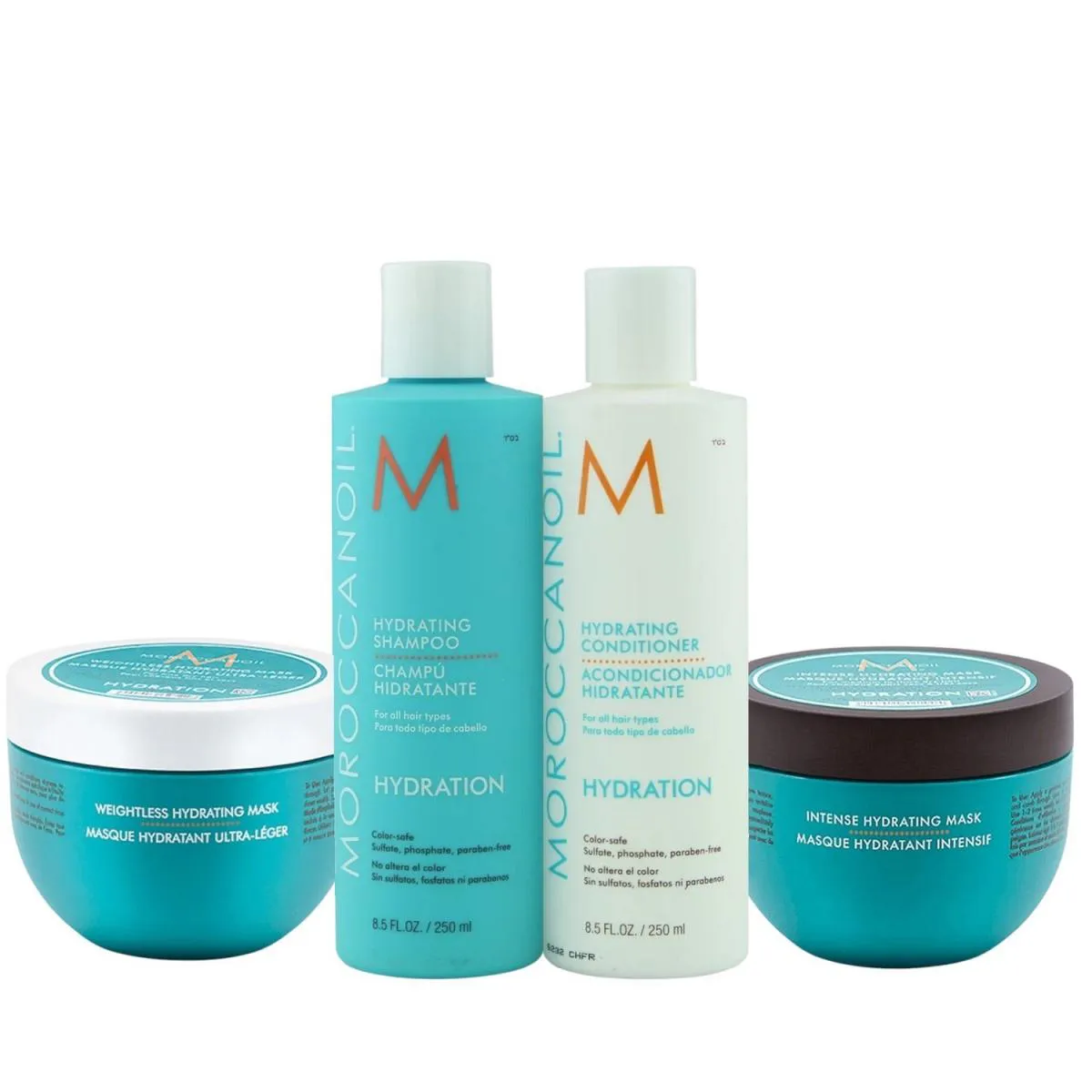 KIT MOROCCANOIL - SHAMPOO 250ML + CONDICIONADOR 250ML + MáSCARA WEIGHTLESS 250ML + MáSCARA INTENSE 250ML