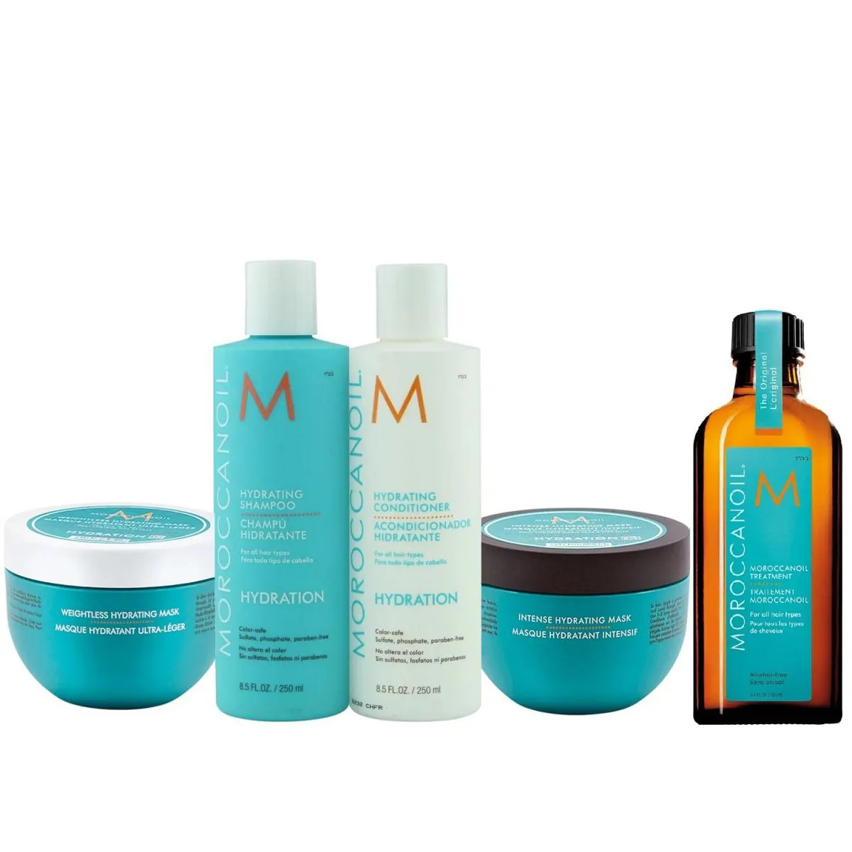 KIT MOROCCANOIL - SHAMPOO 250ML + CONDICIONADOR 250ML + MáSCARA WEIGHTLESS 250ML + MáSCARA INTENSE 250ML + ÓLEO 100ML