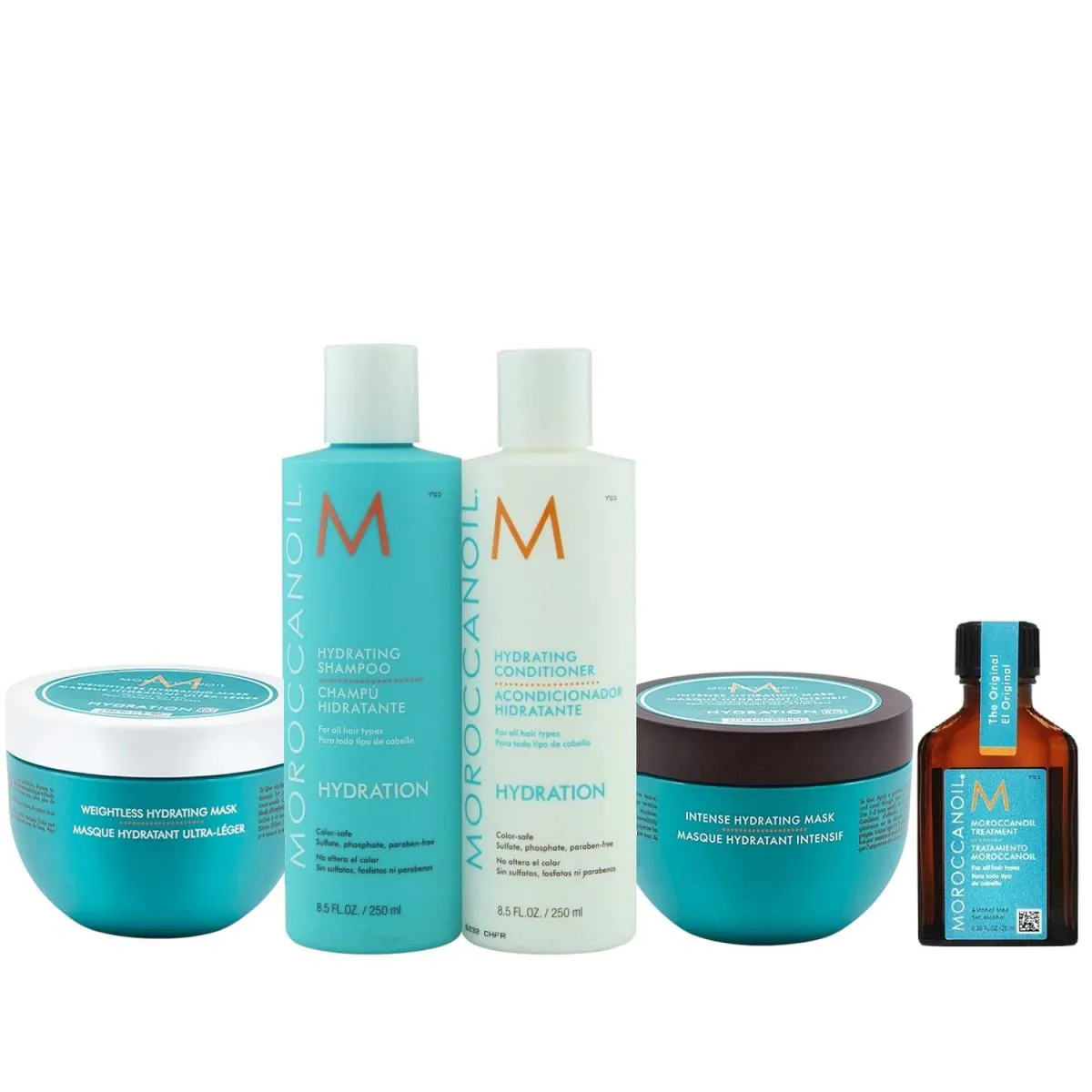 KIT MOROCCANOIL - SHAMPOO 250ML + CONDICIONADOR 250ML + MáSCARA WEIGHTLESS 250ML + MáSCARA INTENSE 250ML + ÓLEO 25ML