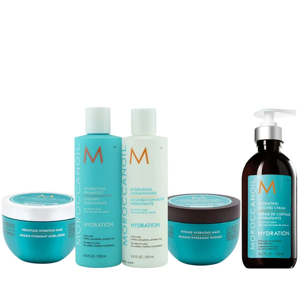 KIT MOROCCANOIL - SHAMPOO 250ML + CONDICIONADOR 250ML + MáSCARA WEIGHTLESS 250ML + MáSCARA INTENSE 250ML + STYLING 300ML