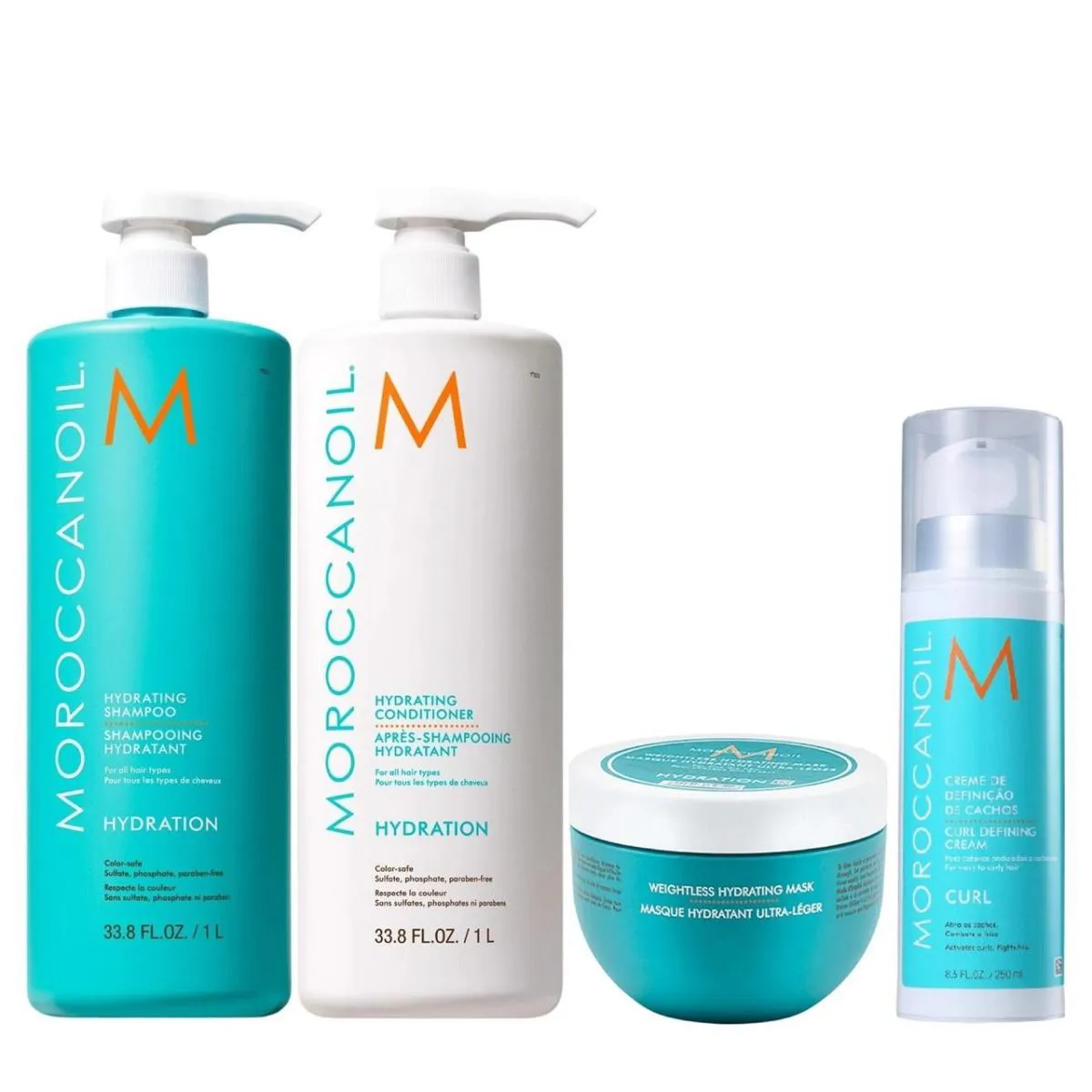 KIT MOROCCANOIL HYDRATING - SHAMPOO 1L + CONDICIONADOR 1L + MáSCARA WEIGHTLESS 250ML + CURL DEFINING 250ML