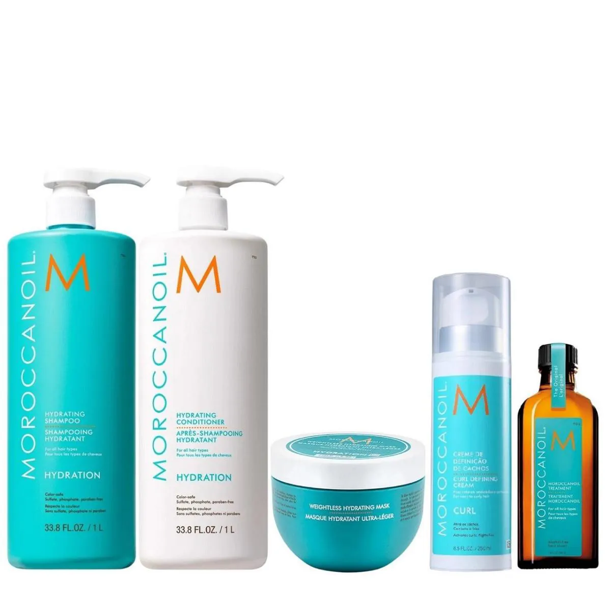 KIT MOROCCANOIL HYDRATING - SHAMPOO 1L + CONDICIONADOR 1L + MáSCARA WEIGHTLESS 250ML + CURL DEFINING 250ML + ÓLEO 100ML