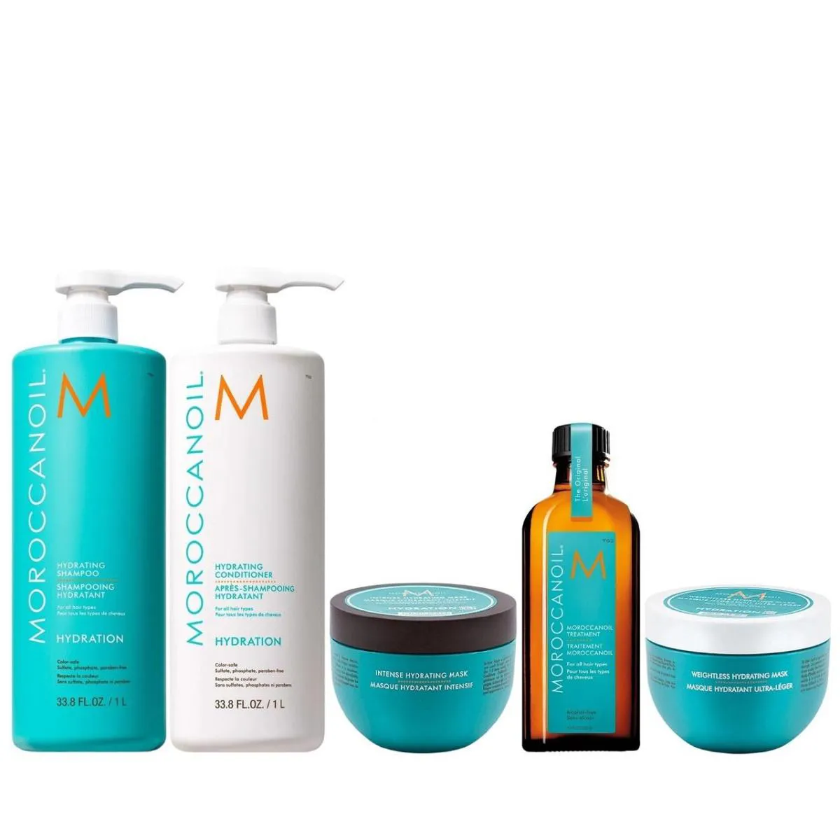 KIT MOROCCANOIL HYDRATING - SHAMPOO 1L + CONDICIONADOR 1L + MáSCARA WEIGHTLESS 250ML + MáSCARA INTENSE + ÓLEO 100ML
