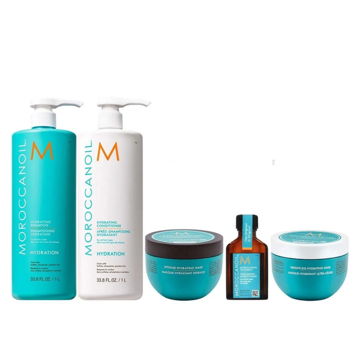 KIT MOROCCANOIL HYDRATING - SHAMPOO 1L + CONDICIONADOR 1L + MáSCARA WEIGHTLESS 250ML + MáSCARA INTENSE + ÓLEO 25ML