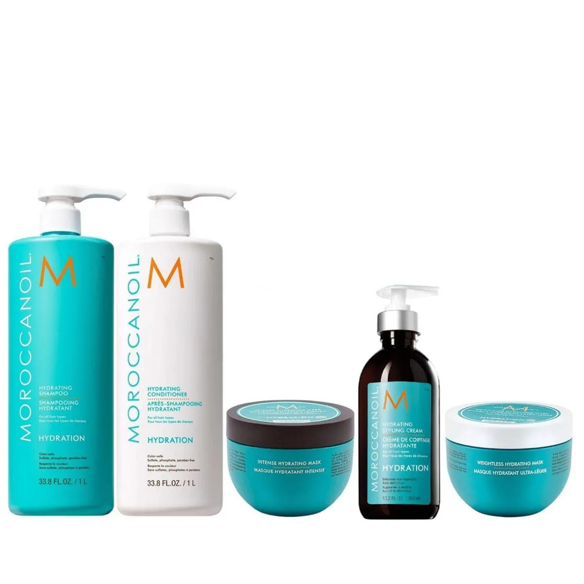 KIT MOROCCANOIL HYDRATING - SHAMPOO 1L + CONDICIONADOR 1L + MáSCARA WEIGHTLESS 250ML + MáSCARA INTENSE + STYLING 300ML