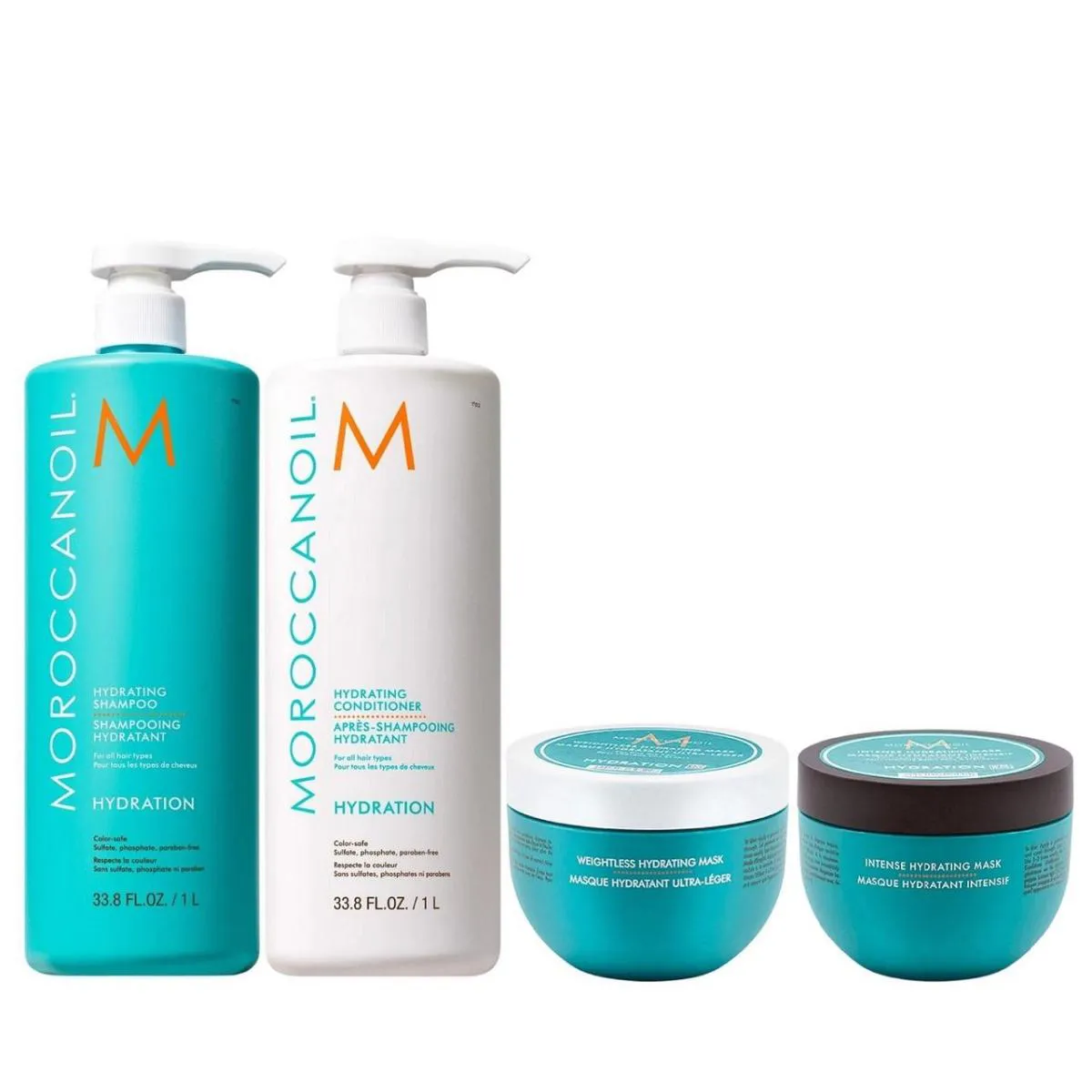 KIT MOROCCANOIL HYDRATING - SHAMPOO 1L + CONDICIONADOR 1L + MáSCARA WEIGHTLESS 250ML + MáSCARA INTENSE 250ML