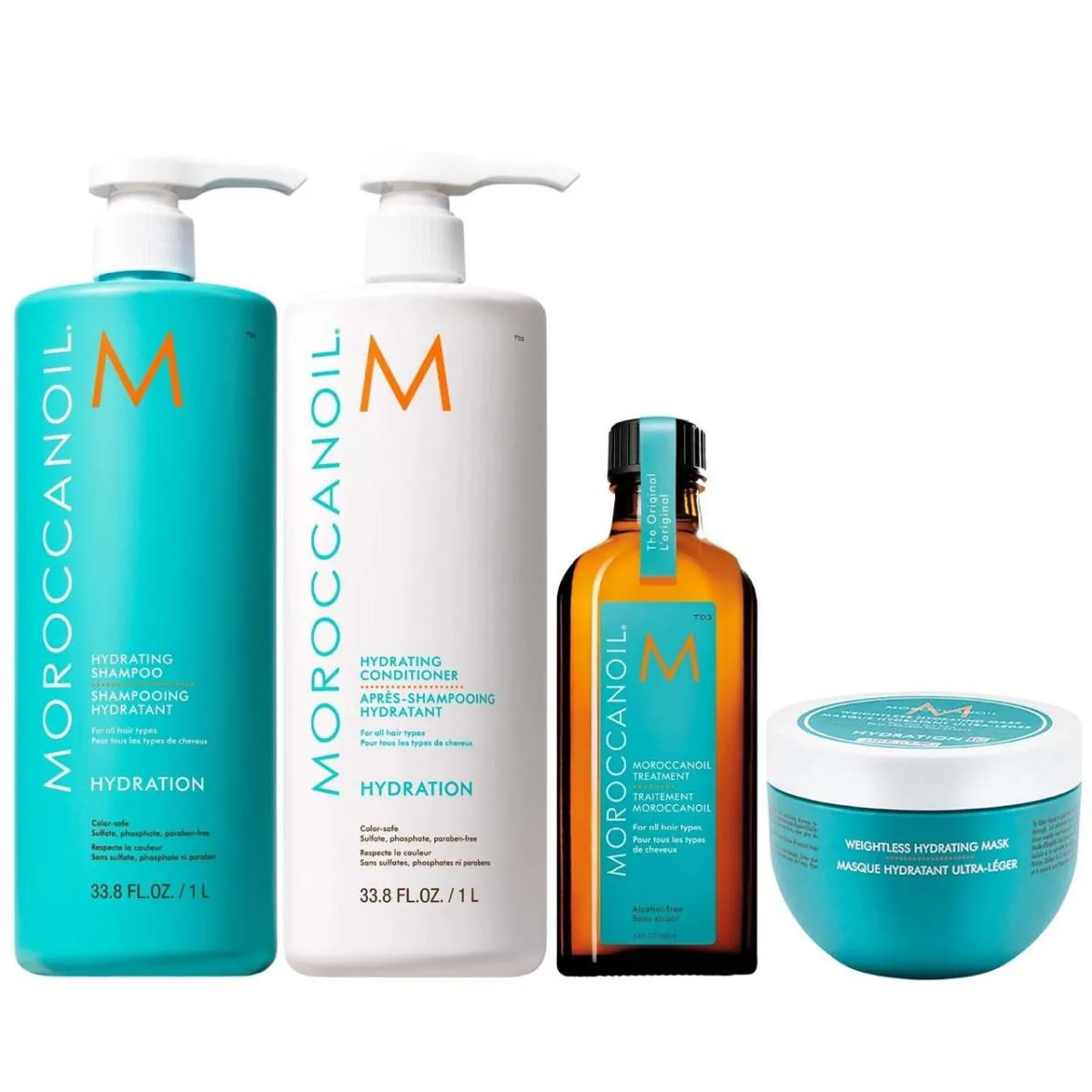 KIT MOROCCANOIL HYDRATING - SHAMPOO 1L + CONDICIONADOR 1L + MáSCARA WEIGHTLESS 250ML + ÓLEO 100ML