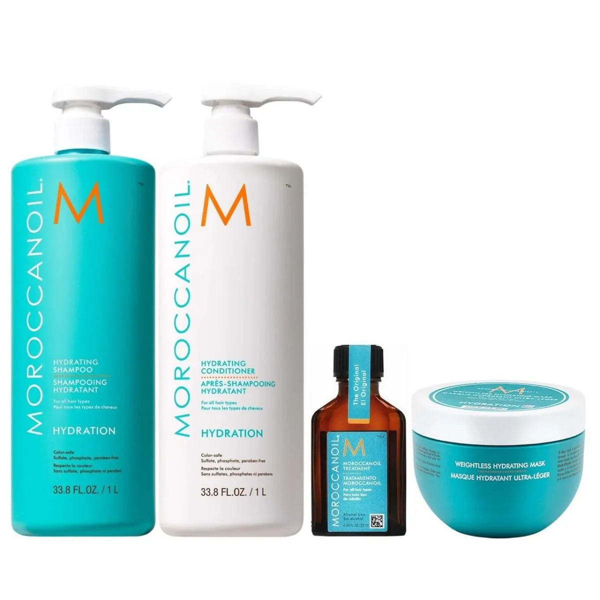 KIT MOROCCANOIL HYDRATING - SHAMPOO 1L + CONDICIONADOR 1L + MáSCARA WEIGHTLESS 250ML + ÓLEO 25ML
