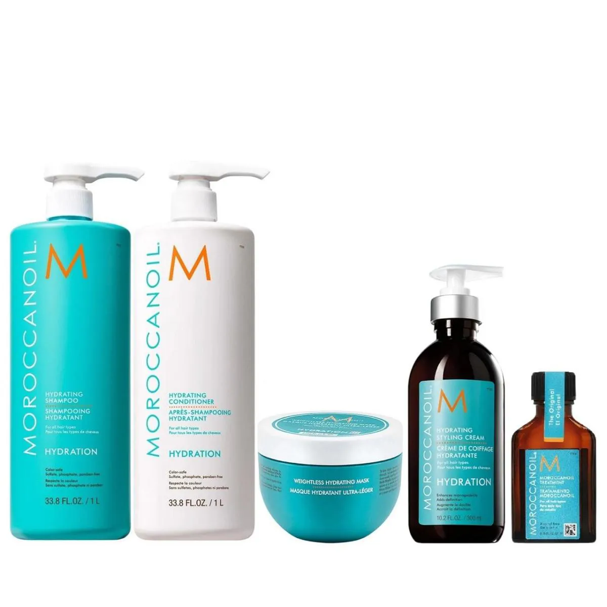 KIT MOROCCANOIL HYDRATING - SHAMPOO 1L + CONDICIONADOR 1L + MáSCARA WEIGHTLESS 250ML + ÓLEO 25ML + STYLING 300ML