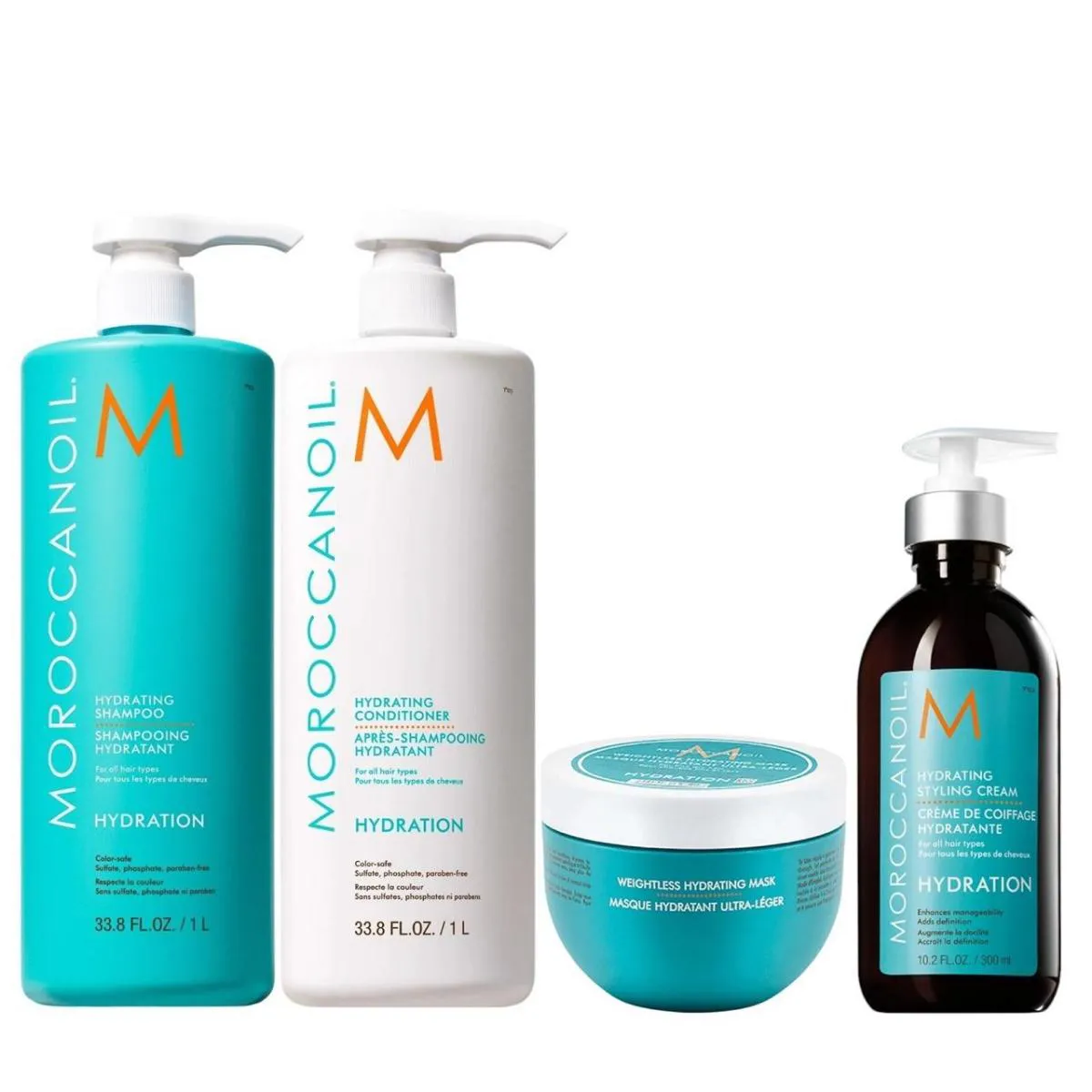KIT MOROCCANOIL HYDRATING - SHAMPOO 1L + CONDICIONADOR 1L + MáSCARA WEIGHTLESS 250ML + STYLING 300ML