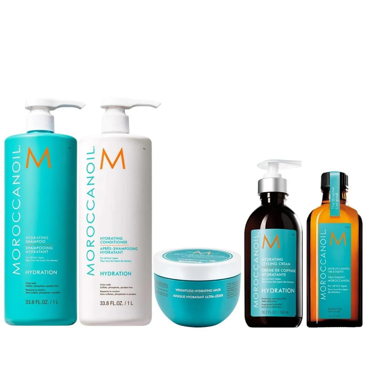 KIT MOROCCANOIL HYDRATING - SHAMPOO 1L + CONDICIONADOR 1L + MáSCARA WEIGHTLESS 250ML + STYLING 300ML + ÓLEO 100ML