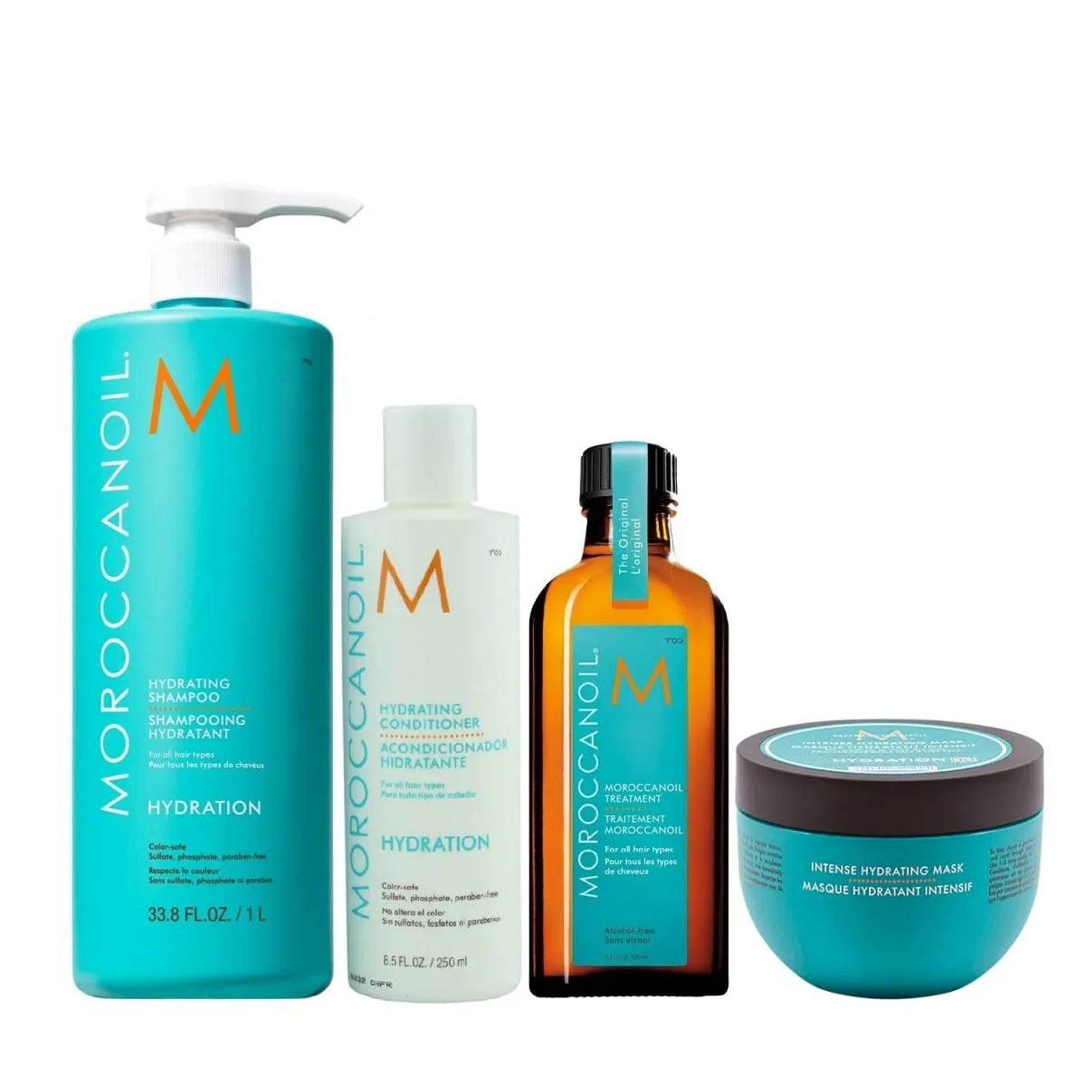 KIT MOROCCANOIL HYDRATING - SHAMPOO 1L + CONDICIONADOR 250ML + MáSCARA INTENSE HYDRATION 250ML + ÓLEO 100ML