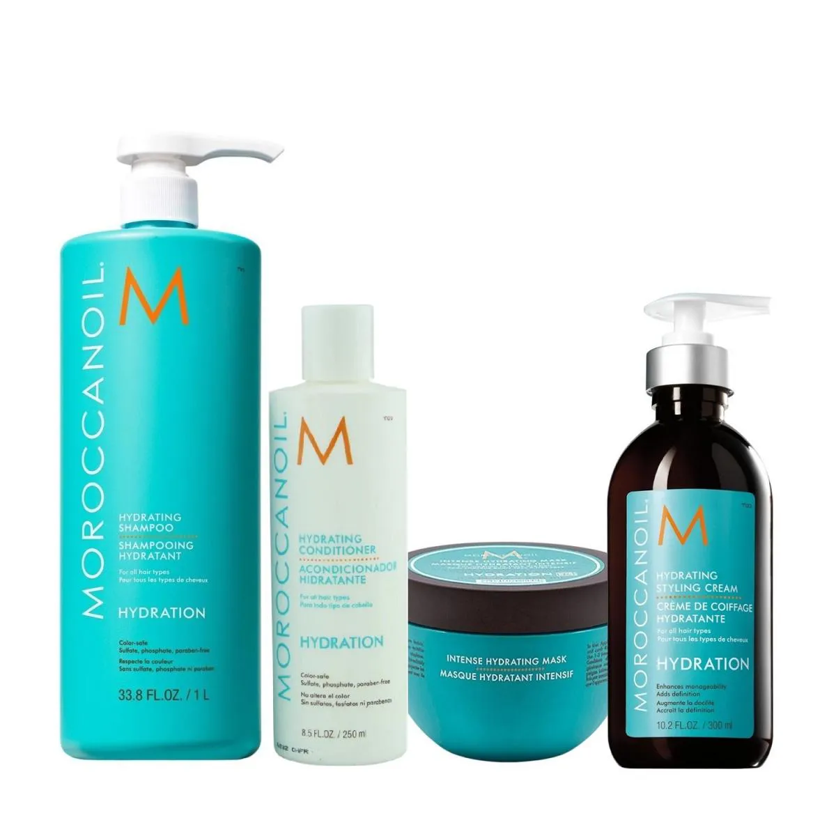 KIT MOROCCANOIL HYDRATING - SHAMPOO 1L + CONDICIONADOR 250ML + MáSCARA INTENSE HYDRATION 250ML + STYLING CREAM 300ML