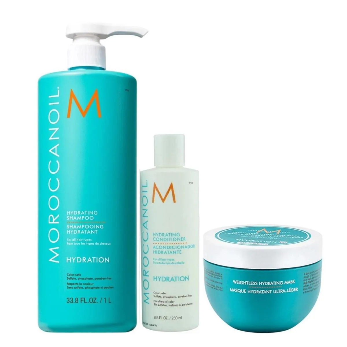 KIT MOROCCANOIL HYDRATING - SHAMPOO 1L + CONDICIONADOR 250ML + MáSCARA WEIGHTLESS 250ML