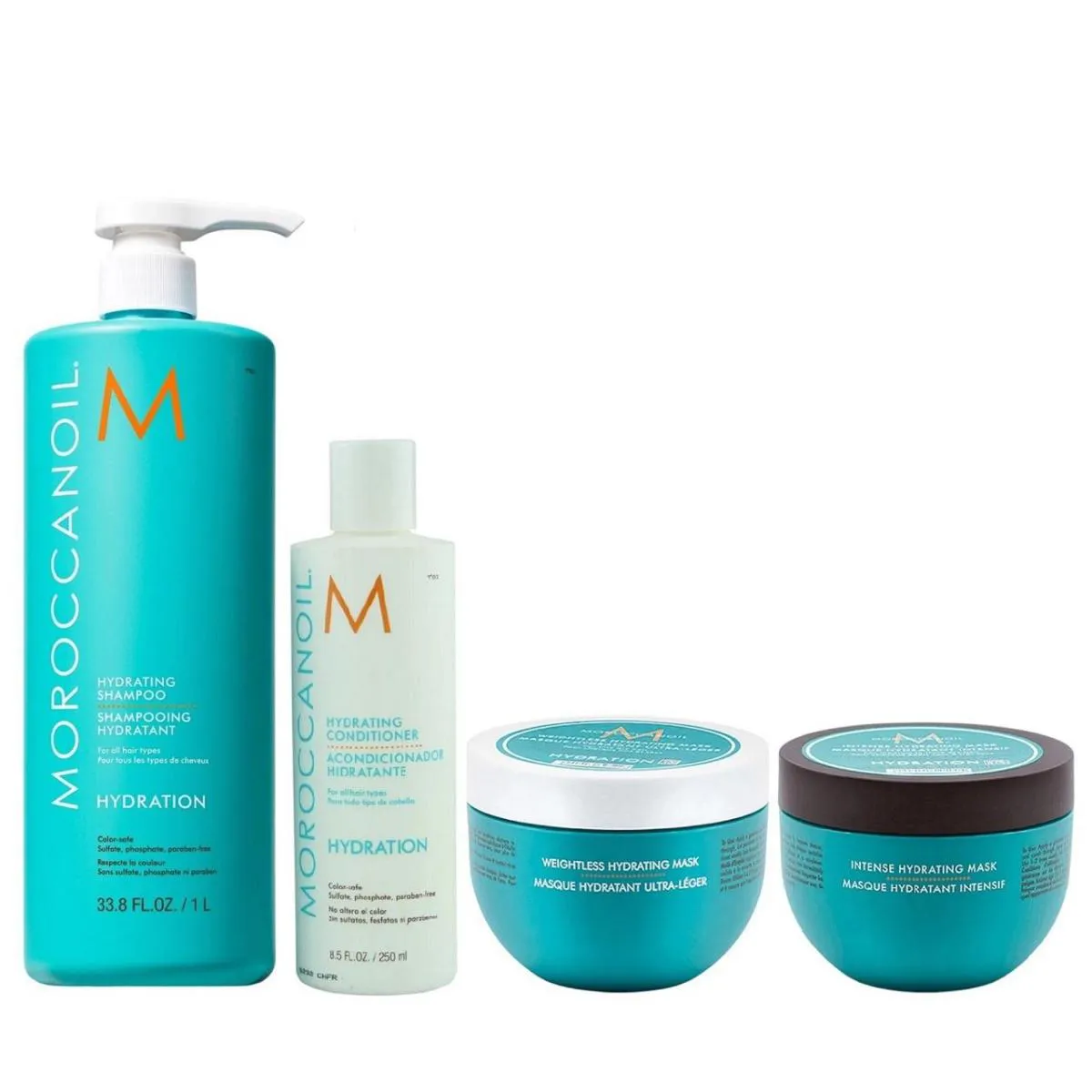 KIT MOROCCANOIL HYDRATING - SHAMPOO 1L + CONDICIONADOR 250ML + MáSCARA WEIGHTLESS 250ML + MáSCARA INTENSE 250ML
