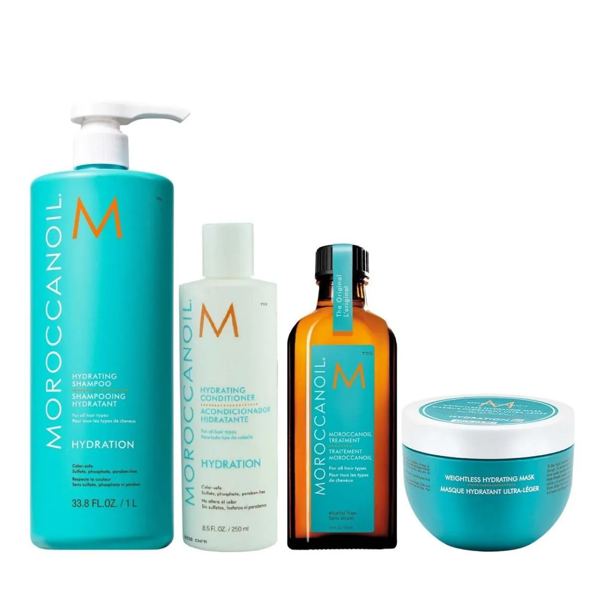 KIT MOROCCANOIL HYDRATING - SHAMPOO 1L + CONDICIONADOR 250ML + MáSCARA WEIGHTLESS 250ML + ÓLEO 100ML