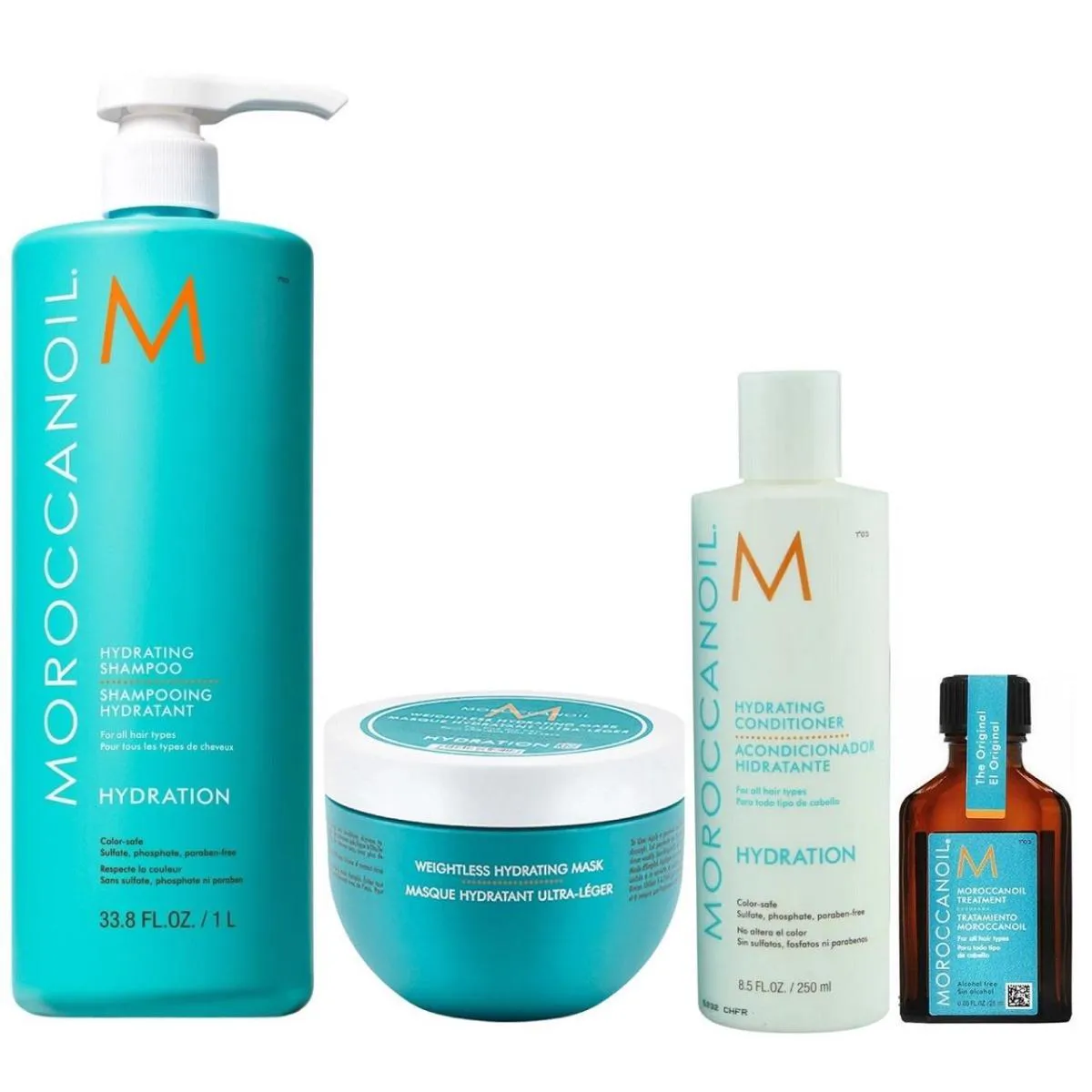 KIT MOROCCANOIL HYDRATING - SHAMPOO 1L + CONDICIONADOR 250ML + MáSCARA WEIGHTLESS 250ML + ÓLEO 25ML