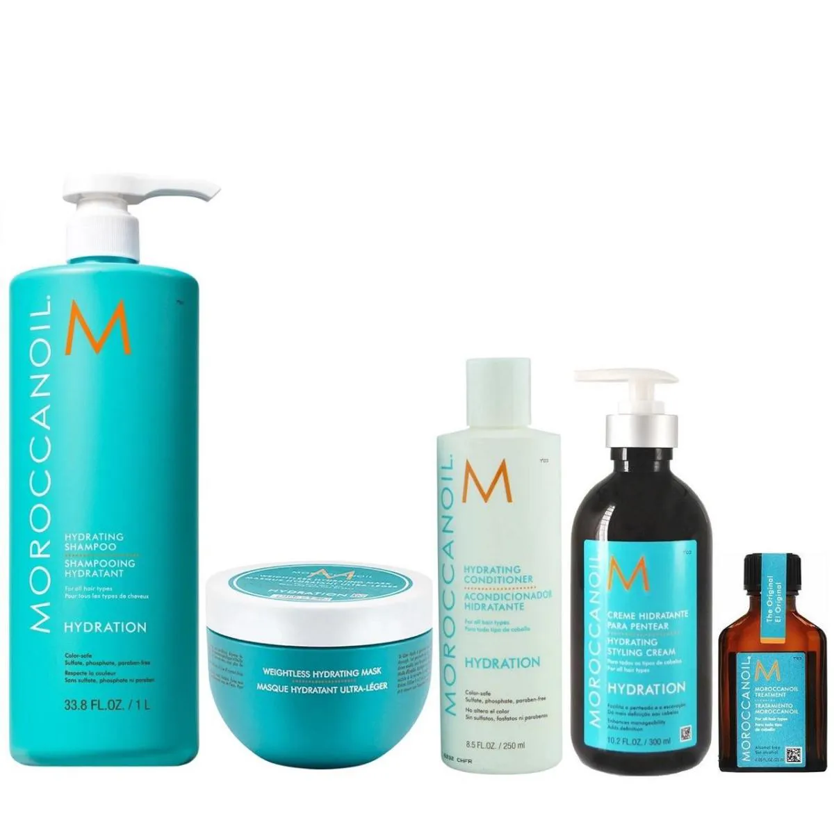 KIT MOROCCANOIL HYDRATING - SHAMPOO 1L + CONDICIONADOR 250ML + MáSCARA WEIGHTLESS 250ML + ÓLEO 25ML + STYLING 300ML