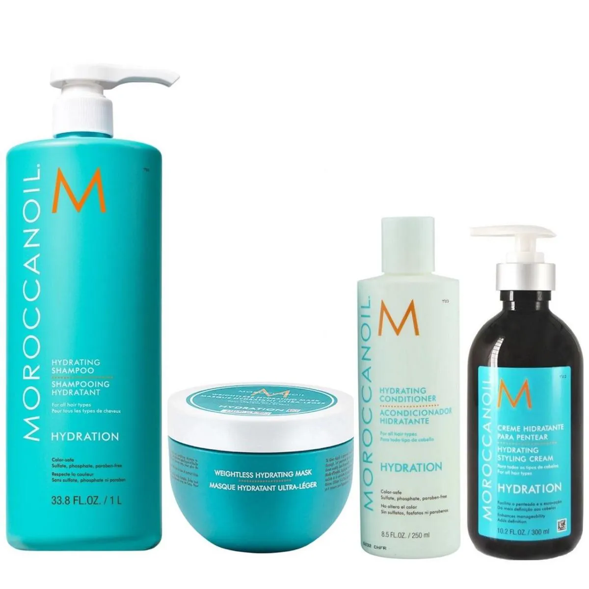 KIT MOROCCANOIL HYDRATING - SHAMPOO 1L + CONDICIONADOR 250ML + MáSCARA WEIGHTLESS 250ML + STYLING 300ML