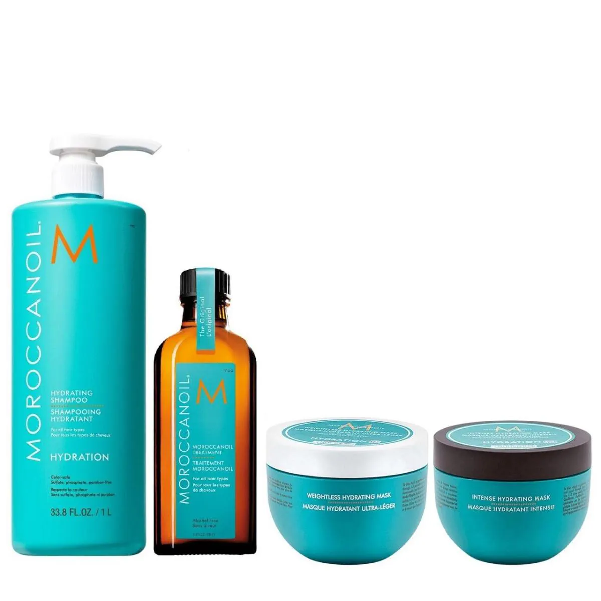 KIT MOROCCANOIL HYDRATING - SHAMPOO 1L + MáSCARA WEIGHTLESS 250ML + MáSCARA INTENSE 250ML + ÓLEO 100ML