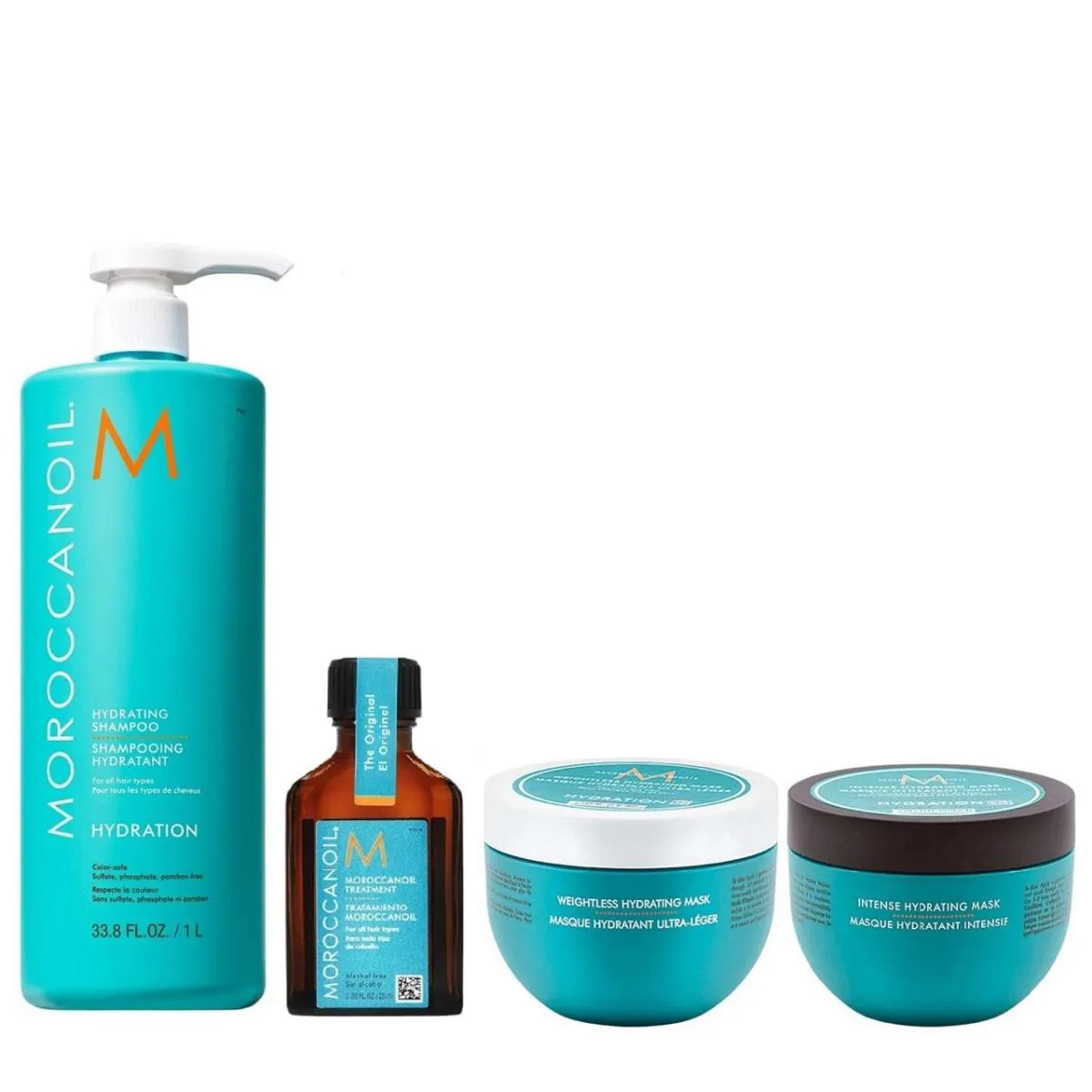 KIT MOROCCANOIL HYDRATING - SHAMPOO 1L + MáSCARA WEIGHTLESS 250ML + MáSCARA INTENSE 250ML + ÓLEO 25ML