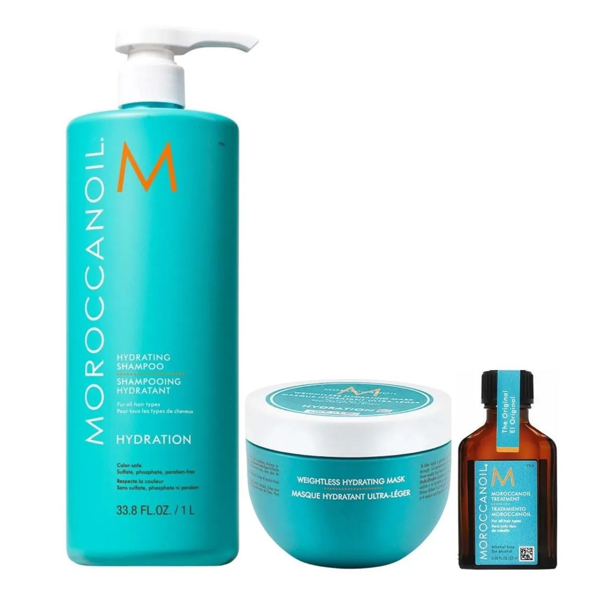 KIT MOROCCANOIL HYDRATING - SHAMPOO 1L + MáSCARA WEIGHTLESS 250ML + ÓLEO 25ML