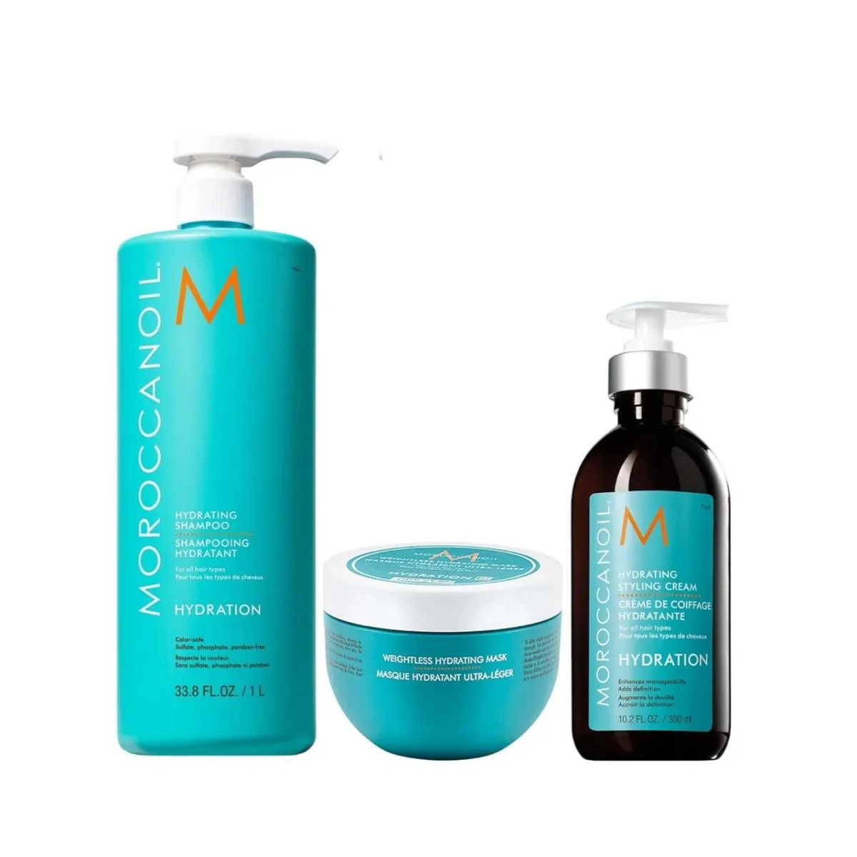 KIT MOROCCANOIL HYDRATING - SHAMPOO 1L + MáSCARA WEIGHTLESS 250ML + STYLING CREAM 300ML