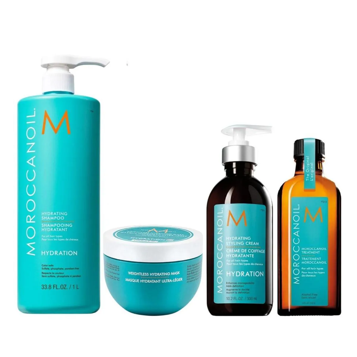 KIT MOROCCANOIL HYDRATING - SHAMPOO 1L + MáSCARA WEIGHTLESS 250ML + STYLING CREAM 300ML + ÓLEO 100ML