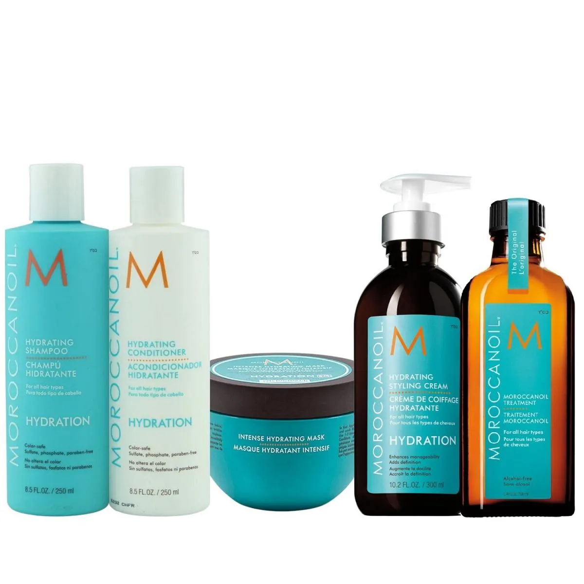 KIT MOROCCANOIL HYDRATING - SHAMPOO 250ML + CONDICIONADOR 250ML + MáSCARA 250G + STYLING CREAM 300ML + ÓLEO 100ML