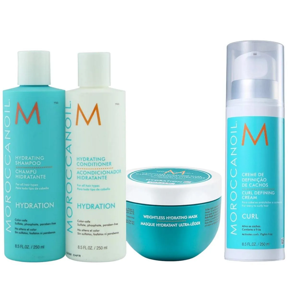 KIT MOROCCANOIL HYDRATING - SHAMPOO 250ML + CONDICIONADOR 250ML + MáSCARA WEIGHTLESS 250ML + CURL DEFINING 250ML