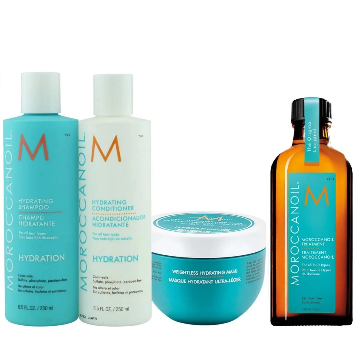KIT MOROCCANOIL HYDRATING - SHAMPOO 250ML + CONDICIONADOR 250ML + MáSCARA WEIGHTLESS 250ML + ÓLEO 100ML