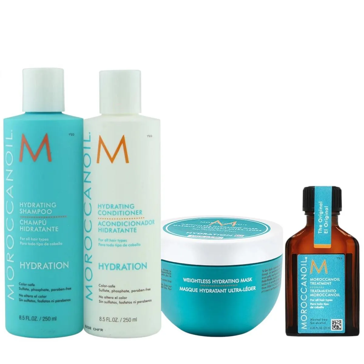 KIT MOROCCANOIL HYDRATING - SHAMPOO 250ML + CONDICIONADOR 250ML + MáSCARA WEIGHTLESS 250ML + ÓLEO 25ML