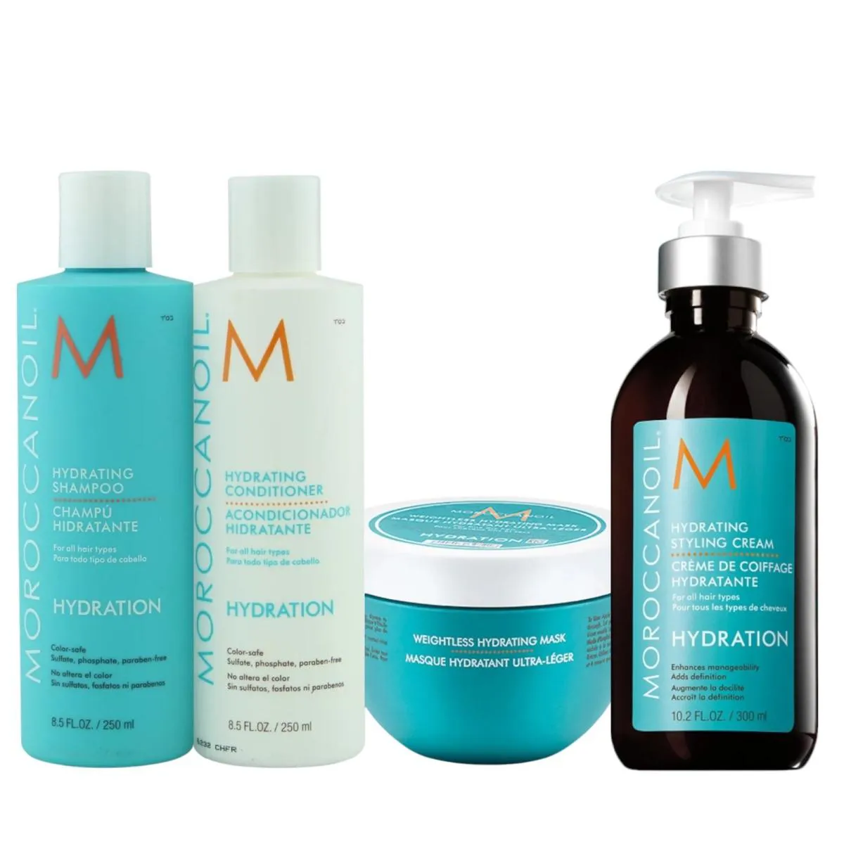 KIT MOROCCANOIL HYDRATING - SHAMPOO 250ML + CONDICIONADOR 250ML + MáSCARA WEIGHTLESS 250ML + STYLING CREAM 300ML