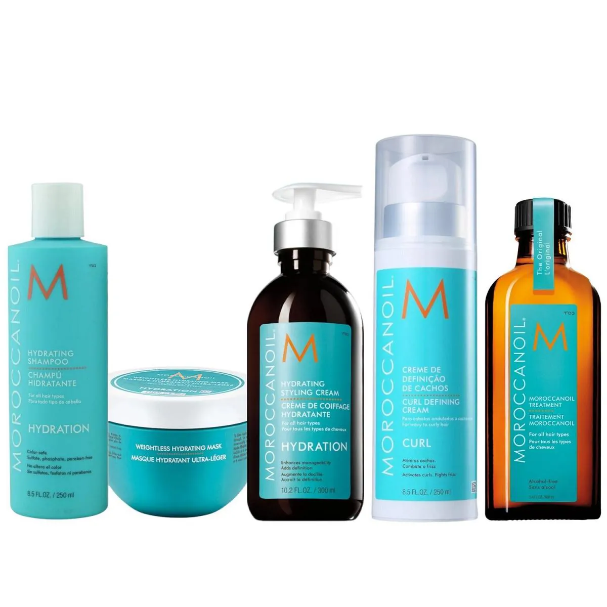 KIT MOROCCANOIL HYDRATING - SHAMPOO 250ML + CURL DEFINING 250ML + MáSCARA WEIGHTLESS 250ML + STYLING 300ML + ÓLEO 100ML