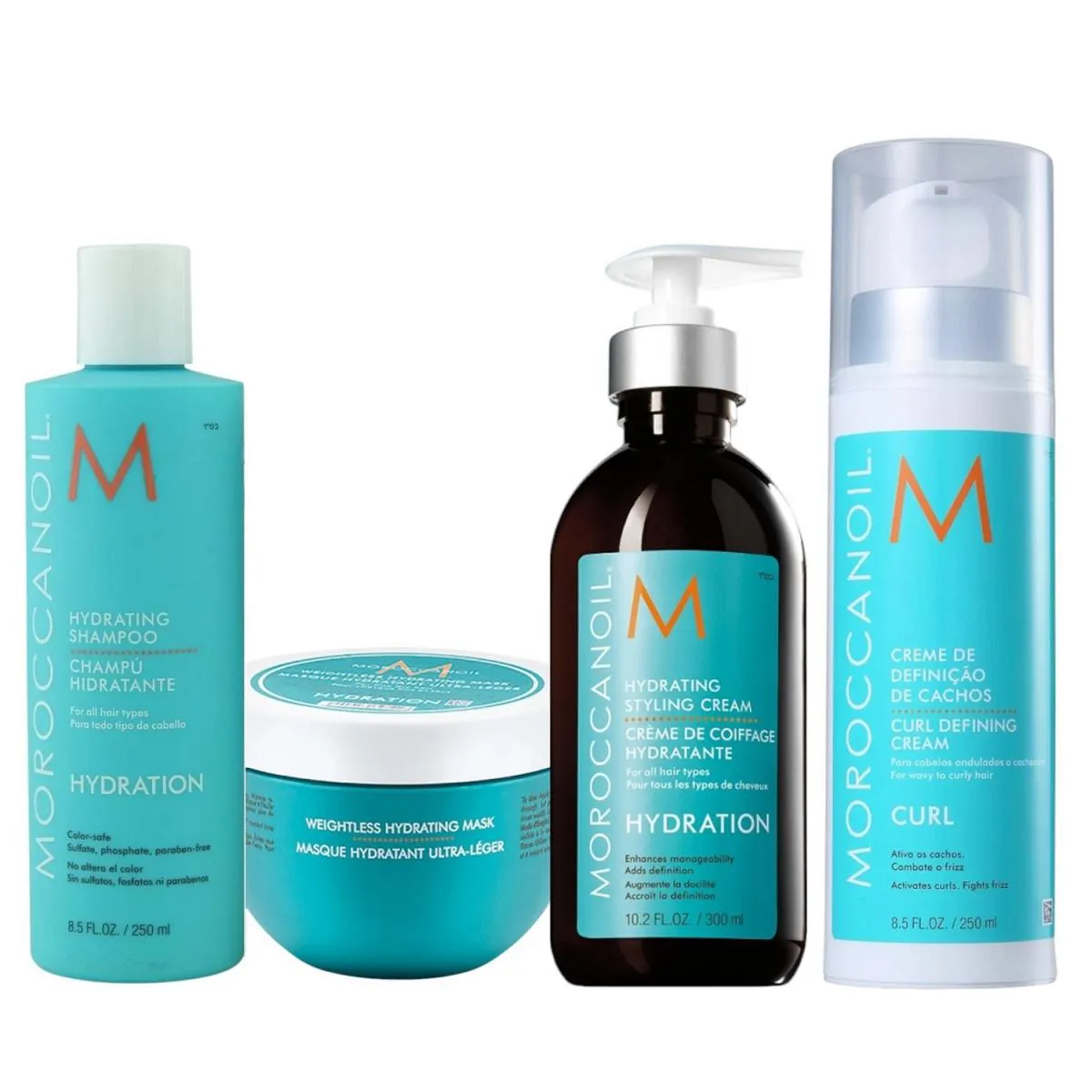 KIT MOROCCANOIL HYDRATING - SHAMPOO 250ML + CURL DEFINING 250ML + MáSCARA WEIGHTLESS 250ML + STYLING CREAM 300ML