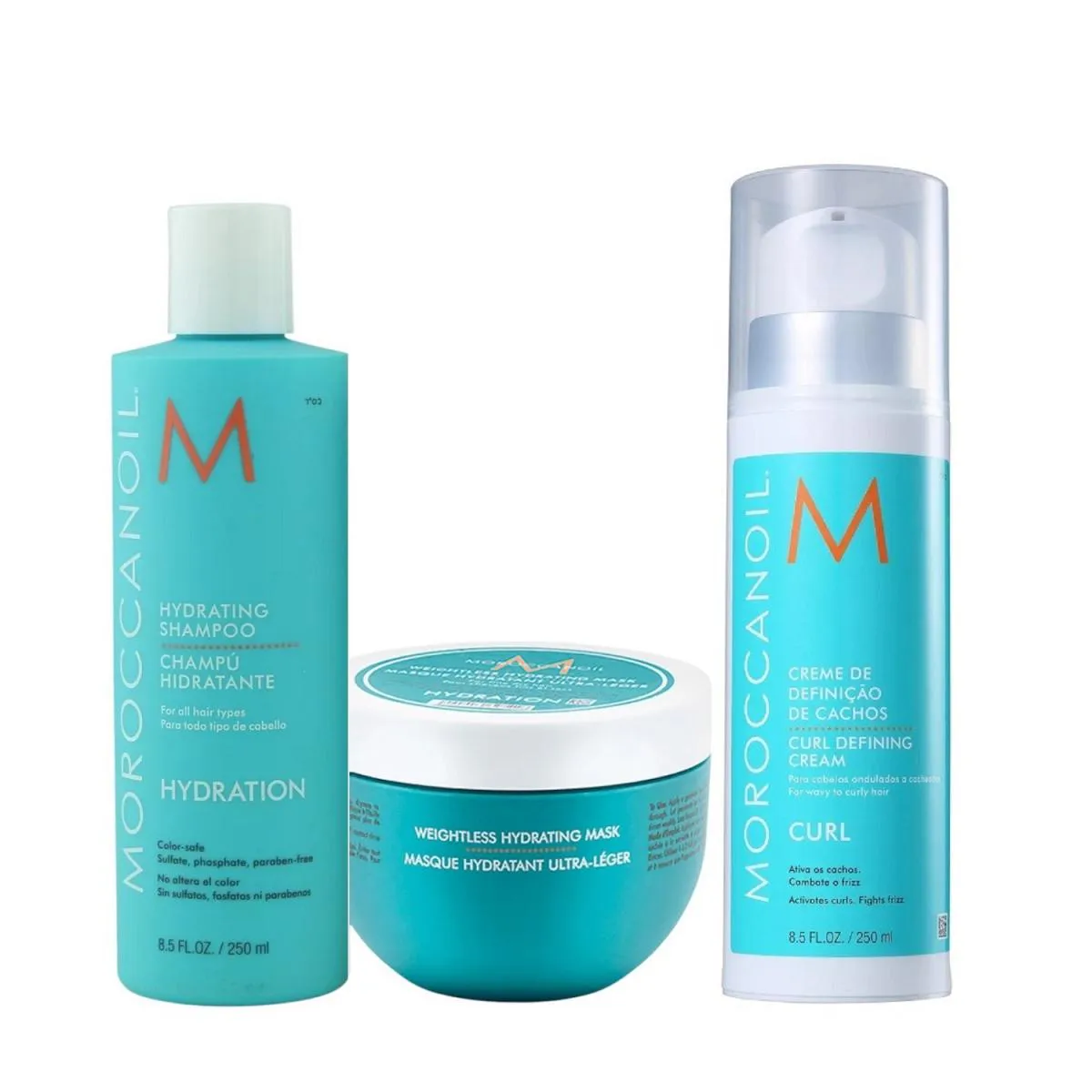 KIT MOROCCANOIL HYDRATING - SHAMPOO 250ML + MáSCARA WEIGHTLESS 250ML + CURL DEFINING 250ML