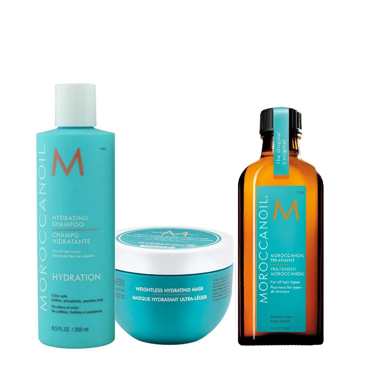 KIT MOROCCANOIL HYDRATING - SHAMPOO 250ML + MáSCARA WEIGHTLESS 250ML + ÓLEO 100ML