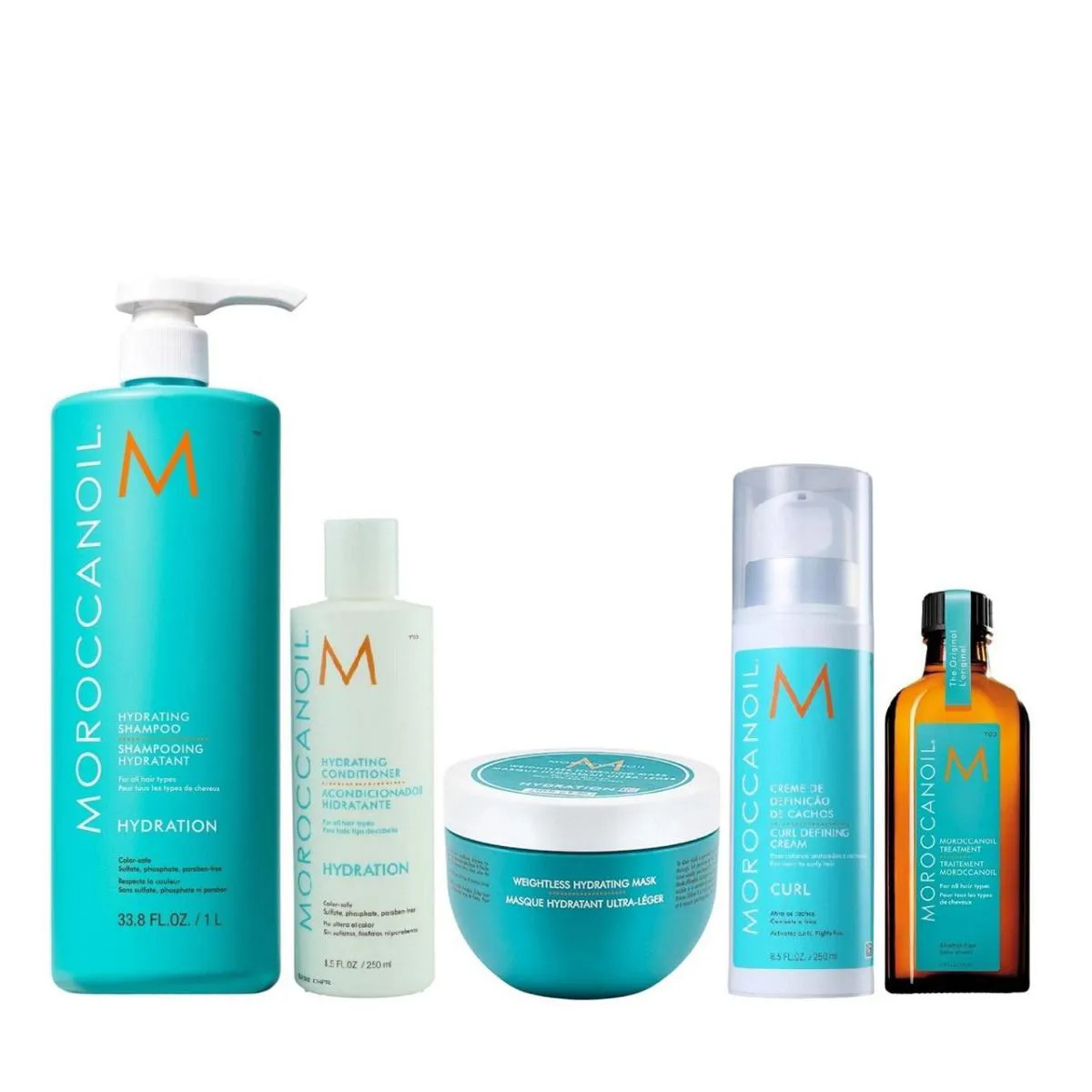 KIT MOROCCANOIL HYDRATING- SHAMPOO 1L + CONDICIONADOR 250ML + MáSCARA WEIGHTLESS 250ML +CURL DEFINING 250ML + ÓLEO 100ML