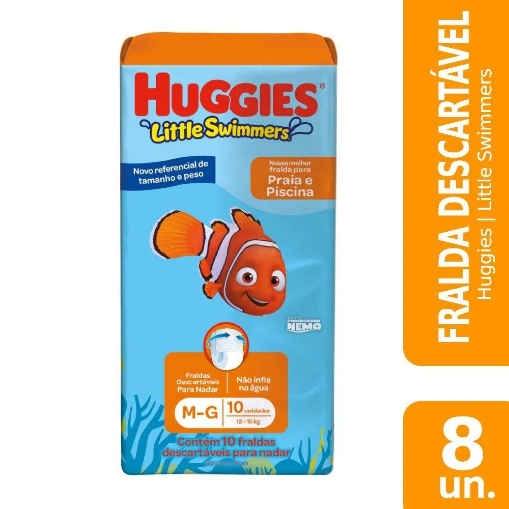 FRALDA DESCARTáVEL HUGGIES PRAIA E PISCINA LITTLE SWIMMERS TAMANHO M/G - 8 PACOTES COM 10 FRALDAS - TOTAL 80 TIRAS