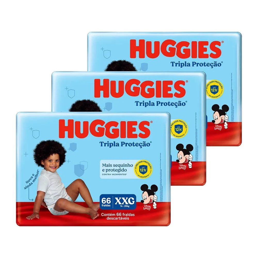 FRALDA DESCARTáVEL HUGGIES TRIPLA PROTEçãO HIPER TAMANHO XXG  - 3 PACOTE COM 66 FRALDAS - TOTAL 198 TIRAS