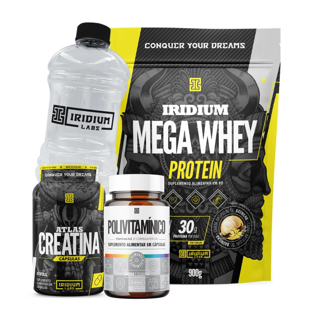 MEGA WHEY + ATLAS CREATINA 60 CAPS + POLIVITAMíNICO 30 CAPS  + GALãO CRISTAL 1L Baunilha
